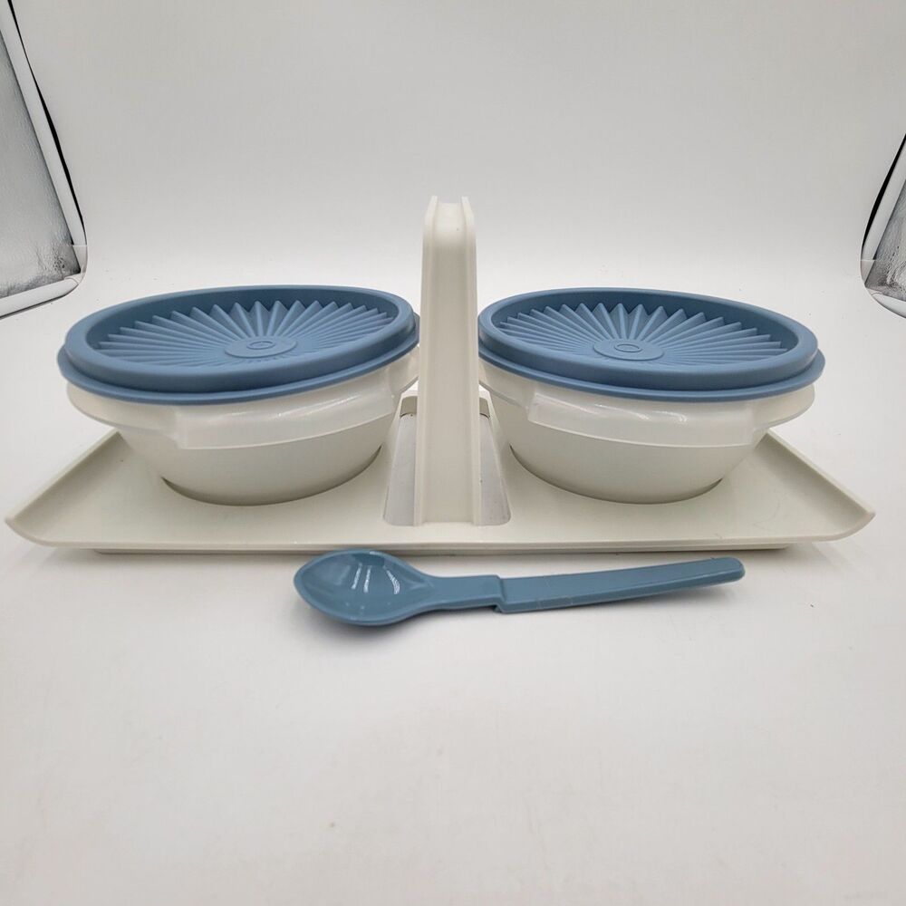 VINTAGE TUPPERWARE  2 Servalier Bowls Condiment Caddy 1 Spoon Slate Blue